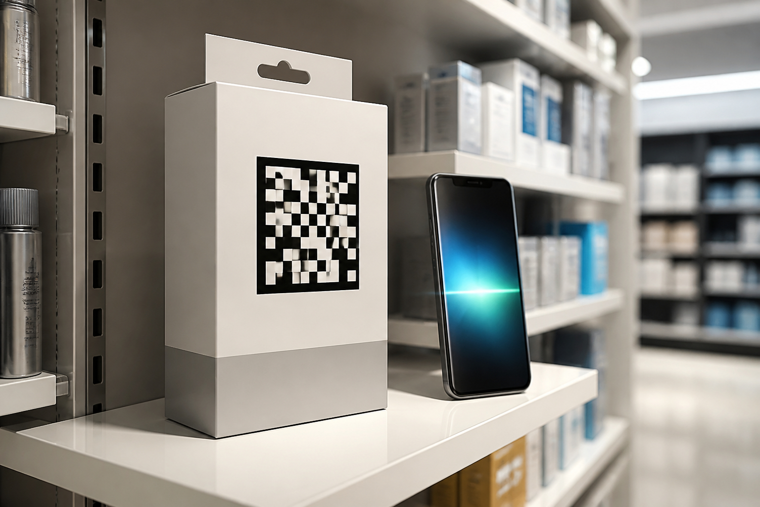 QR-Code auf einer ansprechend gestalteten Produktverpackung im Regal