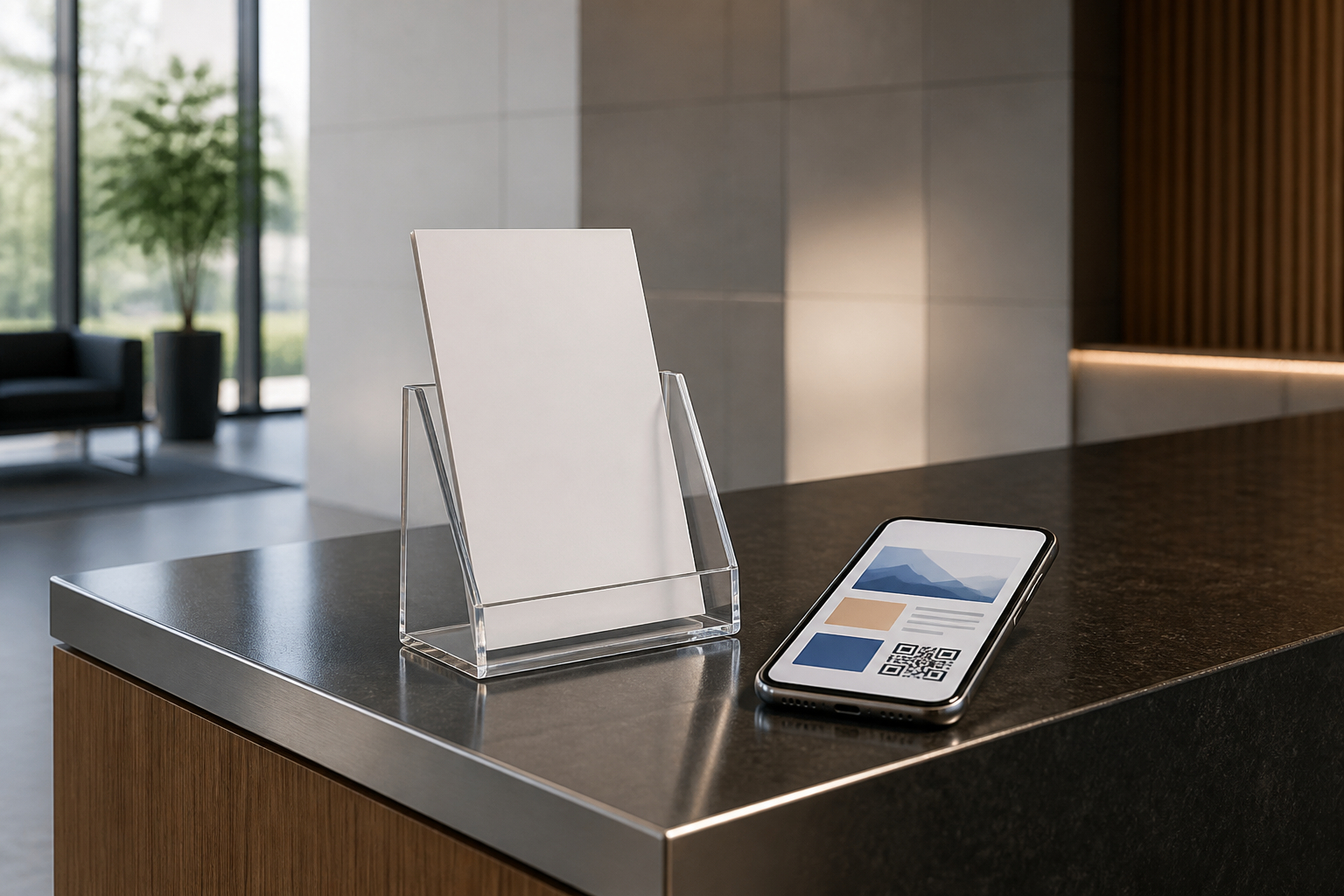 Newsletter und Flyer mit QR-Code am Empfangstresen