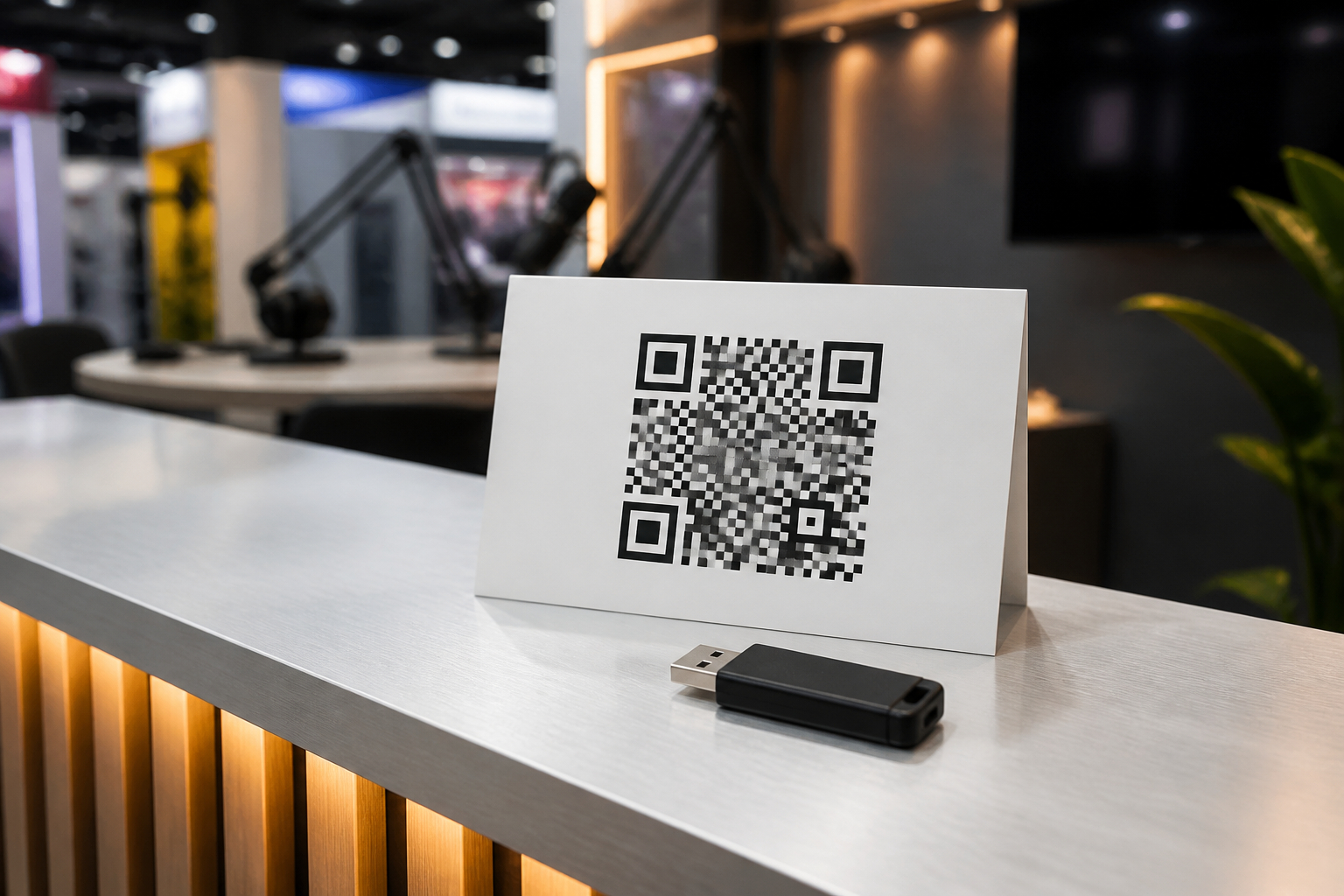 Podcast Give-away mit USB-Stick und QR-Code am Messestand