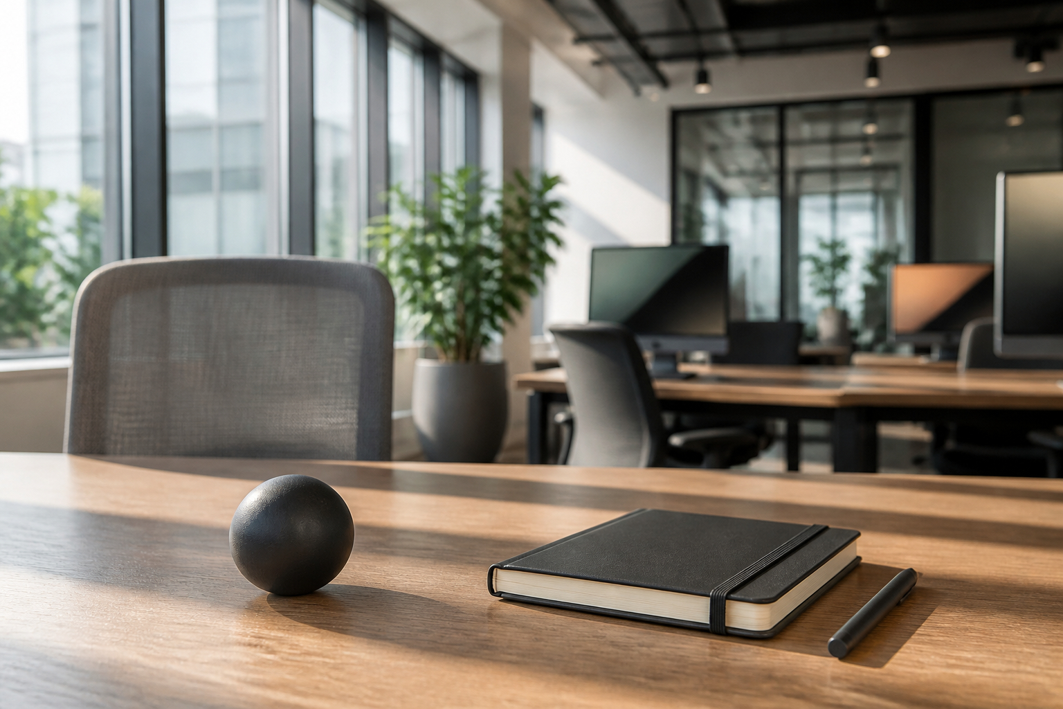 Haptische Werbemittel wie Stressball und Notizbuch auf einem modernen Büroschreibtisch
