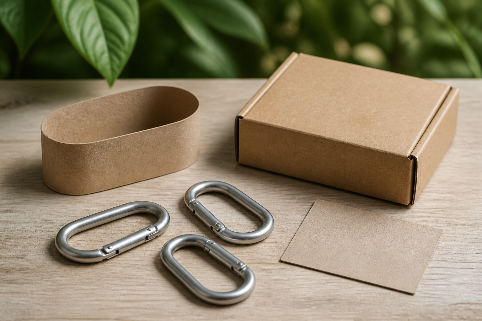 Nachhaltig geplante Werbemittel mit Karabinerhaken und Papierverpackung