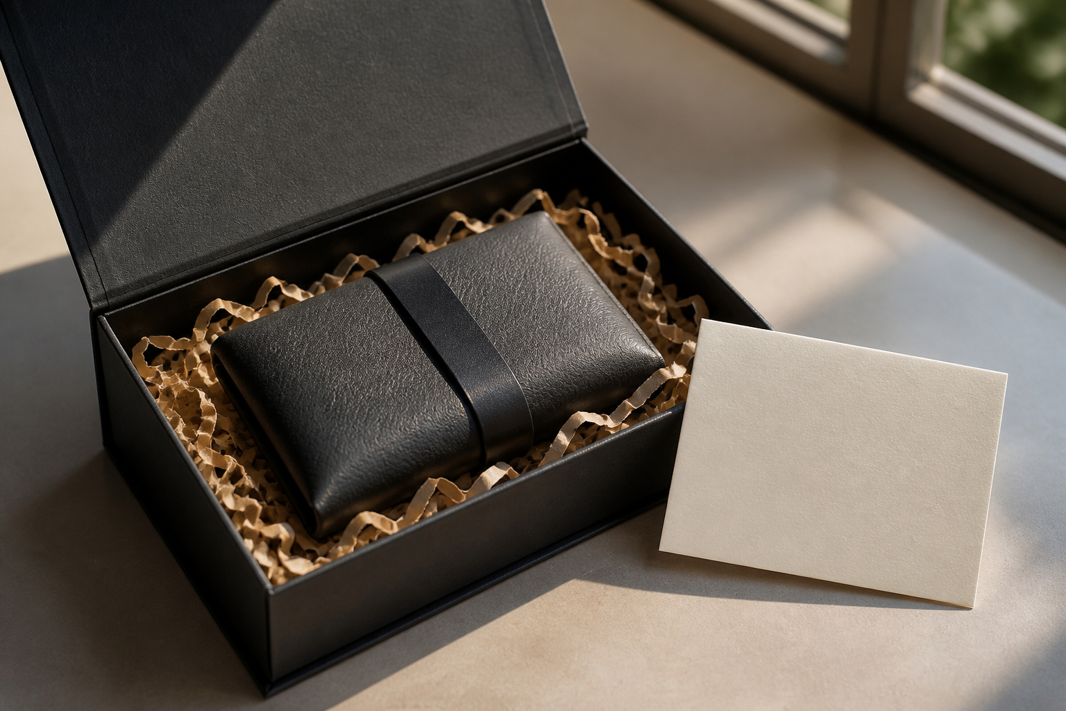 Geschenkbox mit Grußkarte und dezenter Präsentation