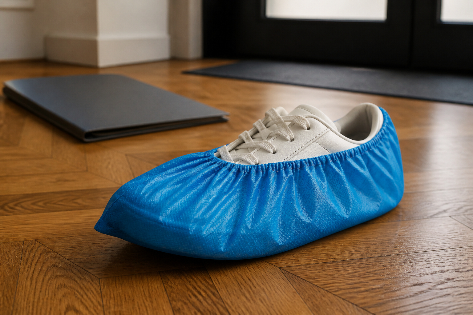 Schuhüberzieher bei einer Wohnungsbesichtigung anlegen