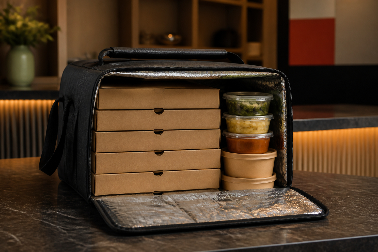 Isolierte Abholtasche mit Pizzabestellung für Click-and-Collect