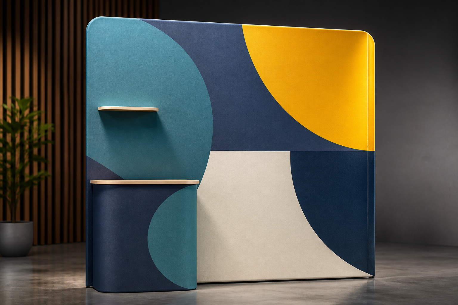 Professionelle Gestaltung einer Pop-up-Messewand mit Logo und QR-Code