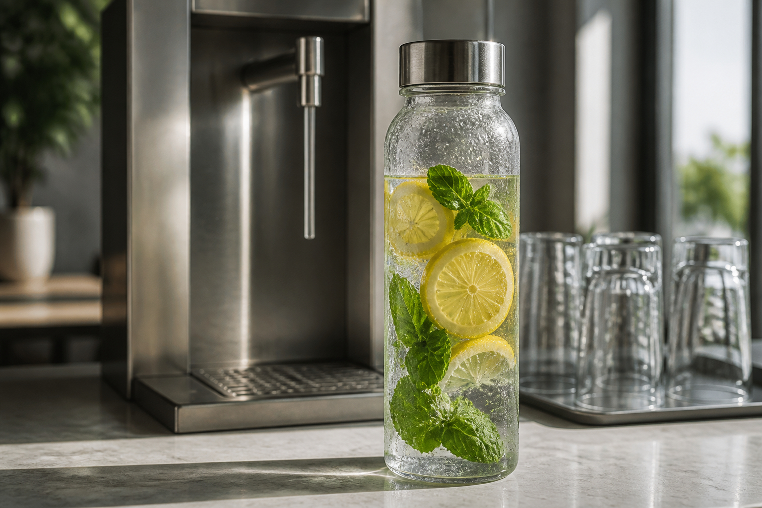Wiederverwendbare Trinkflasche mit Fruchtfilter und Wasserstation