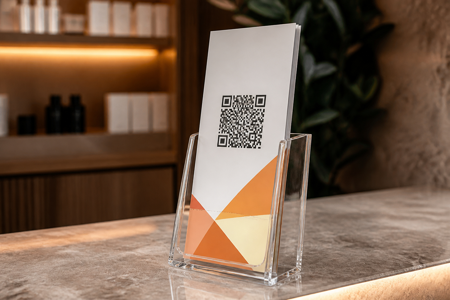 DIN-Lang-Flyer mit QR-Code im transparenten Flyerhalter