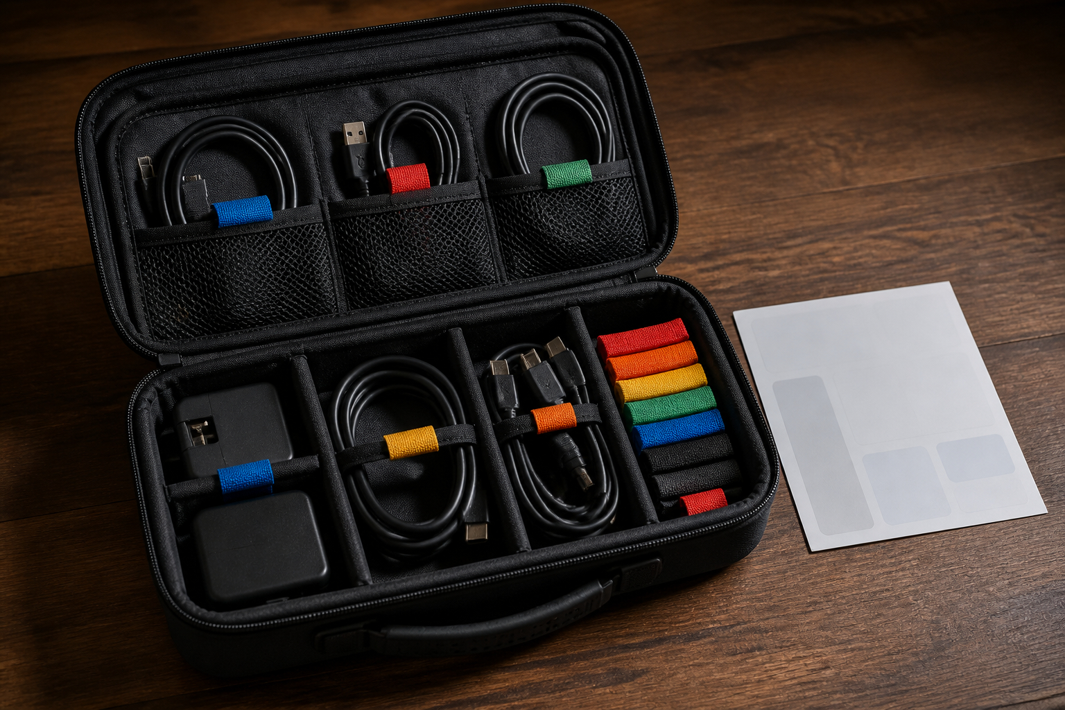 Kabel-Organizer-Box mit sortierten Kabeln und Adaptern für Kundentermine