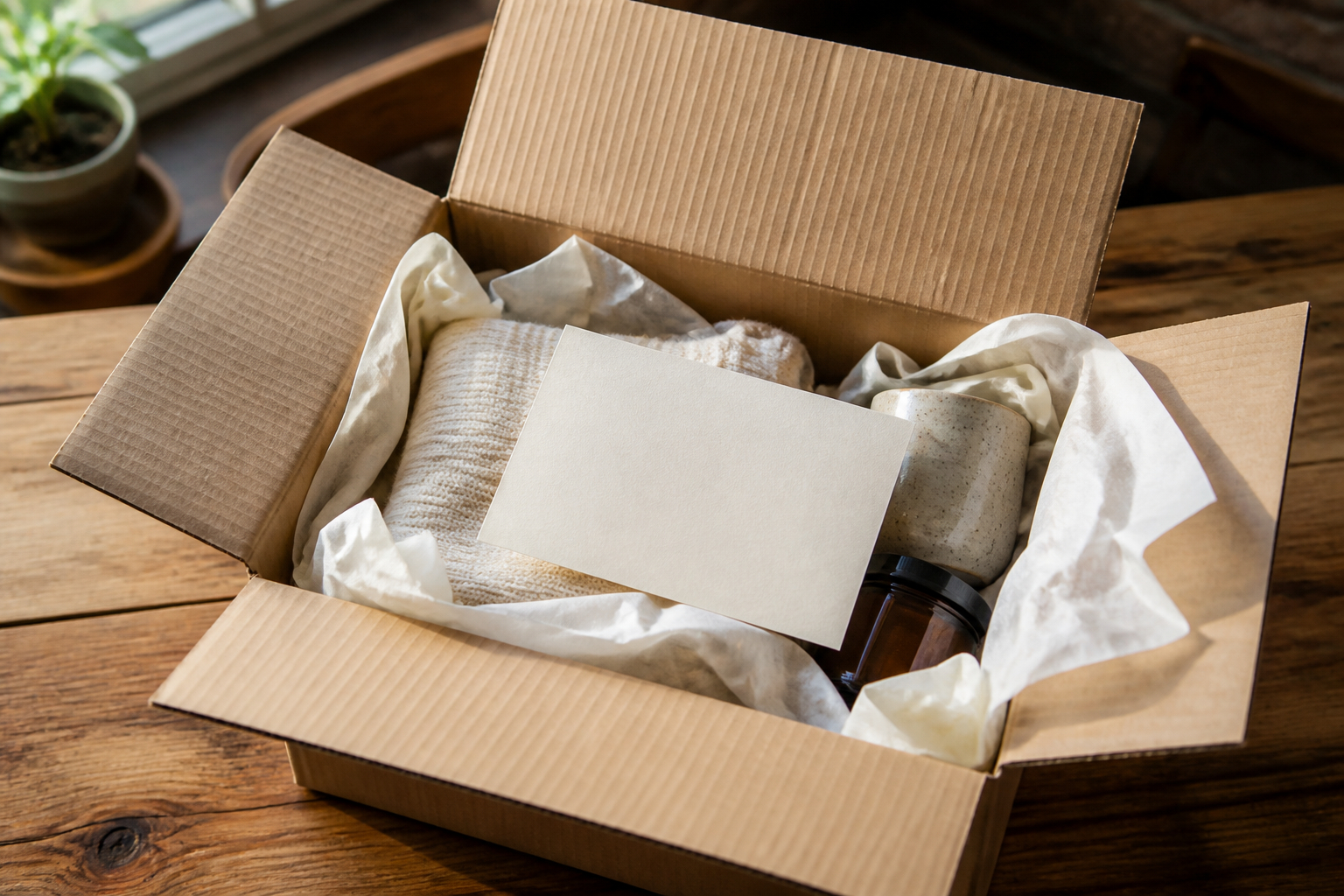 Dankeskarte als Verpackungsbeilage im geöffneten Versandkarton