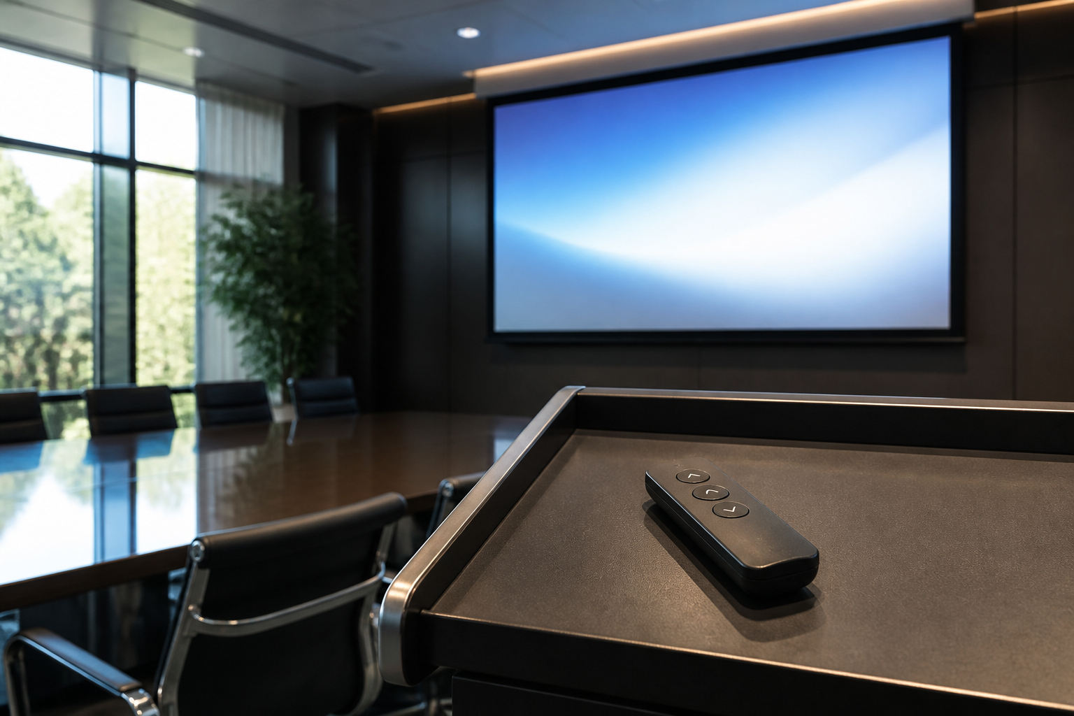 Referent mit Präsentations-Clicker im B2B-Meeting