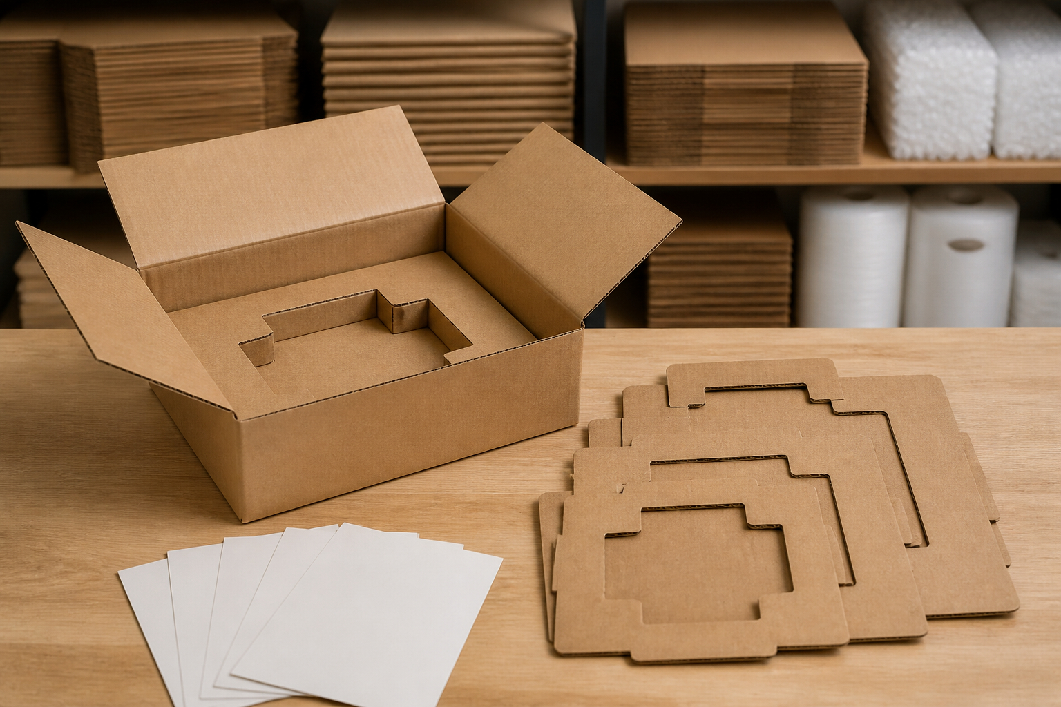 Packtisch mit beschrifteten Kartoneinlagen und Verpackungsschablonen