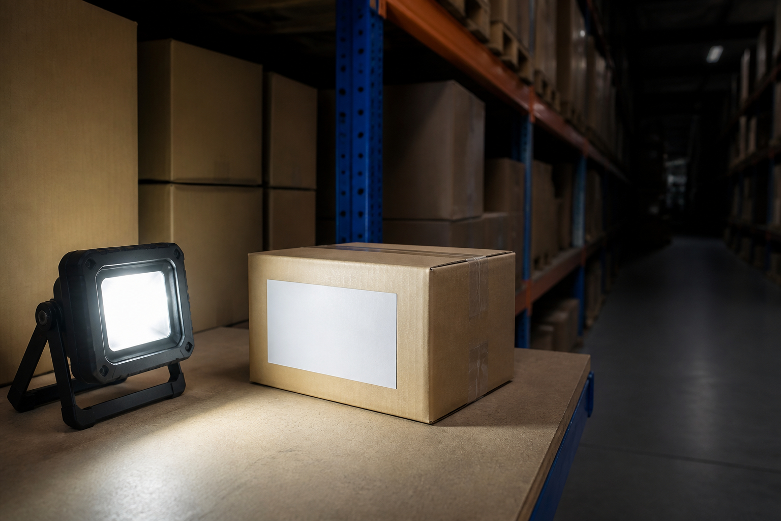 LED Arbeitsleuchte im Lager bei der Kontrolle von Paketen