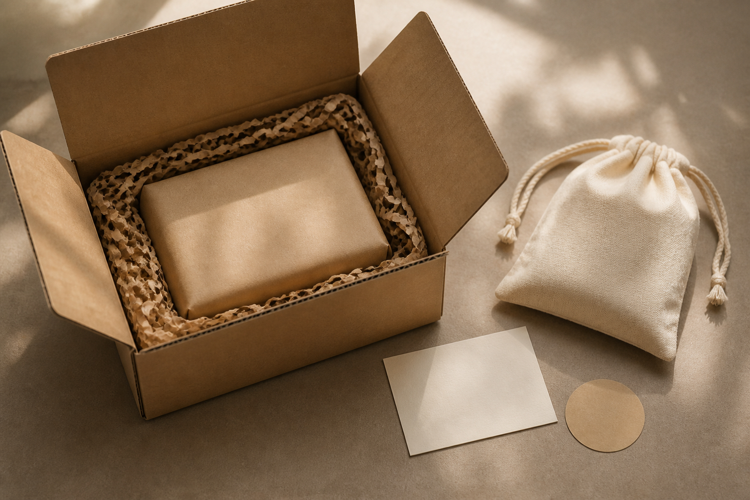 Nachhaltiges Unboxing mit wiederverwendbarer Geschenkverpackung und Markenkarte