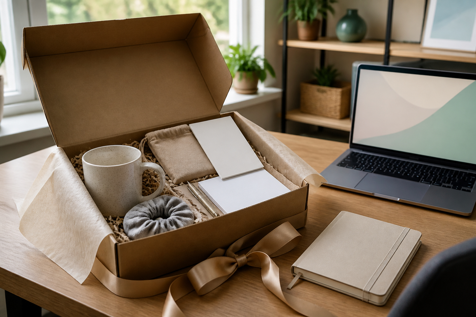 Neue Mitarbeiterin öffnet Willkommensbox im Homeoffice