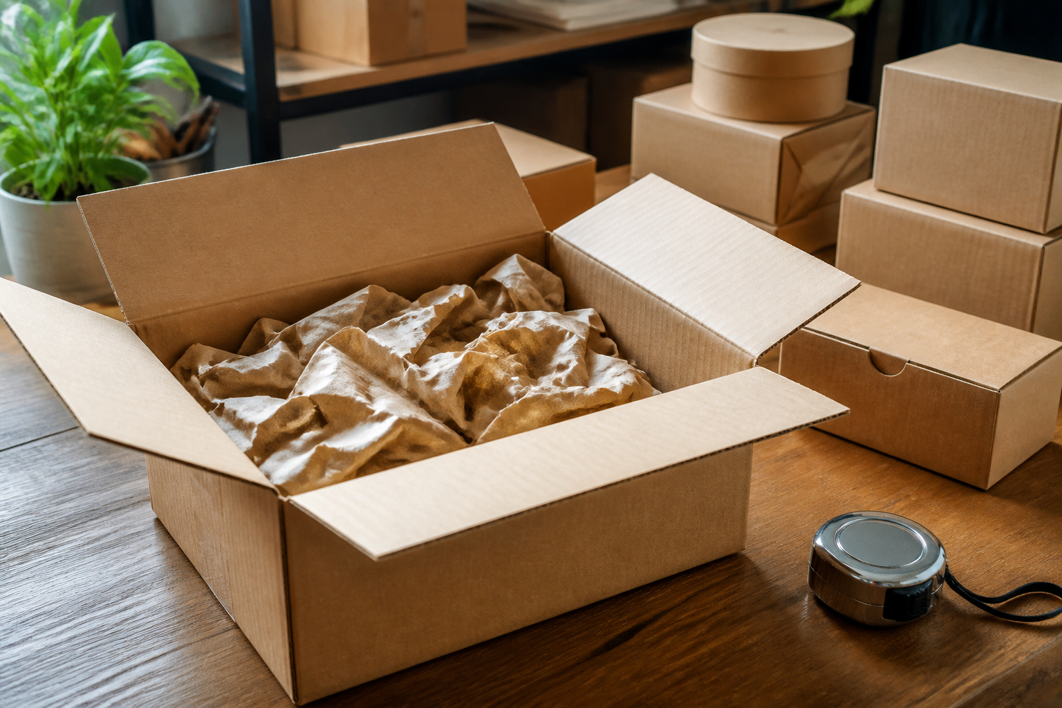 Nachhaltige Versandkartons in verschiedenen Größen an einem Packtisch