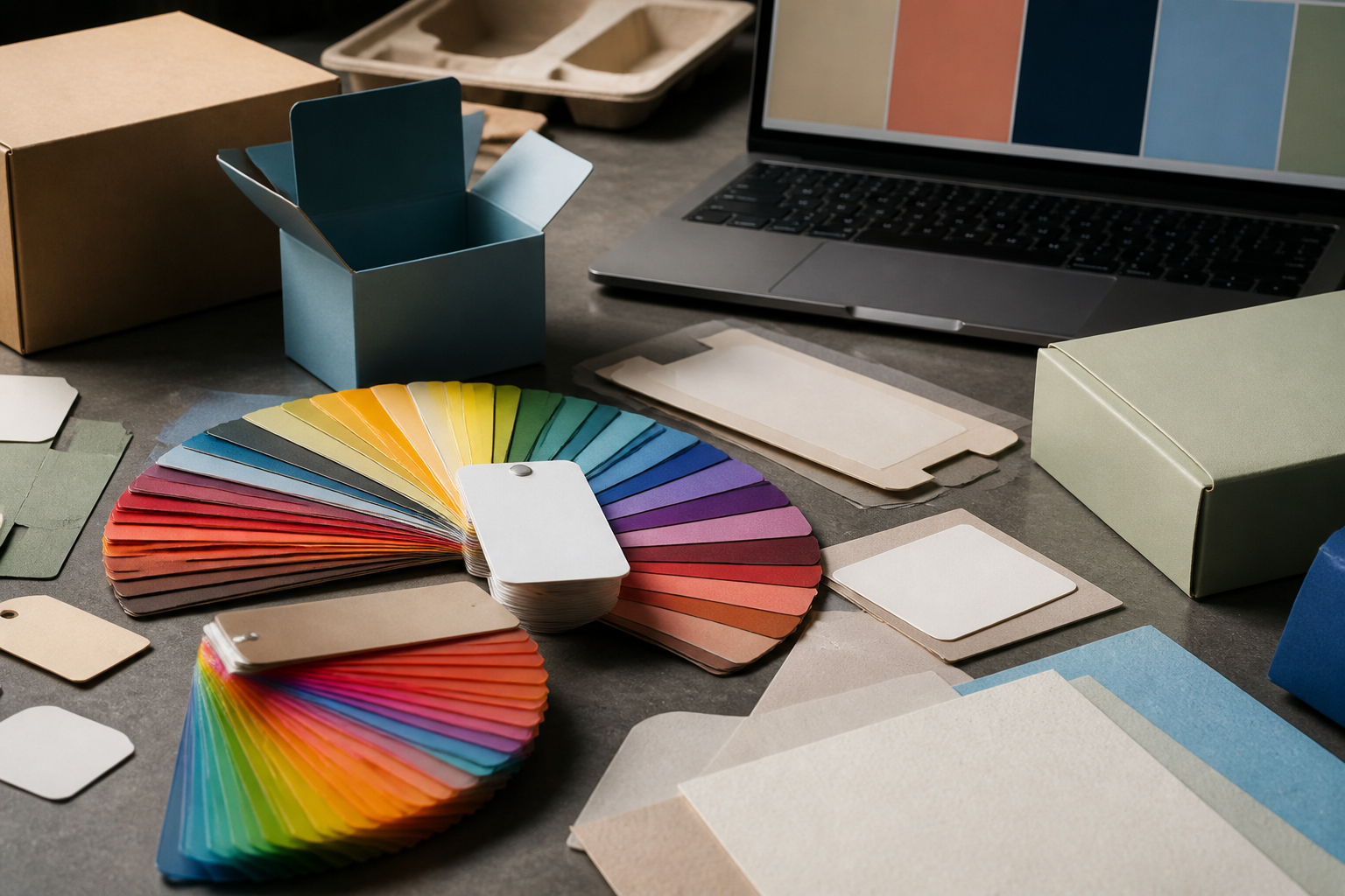 Verpackungsdesign mit Farbfächer und Kartonmustern