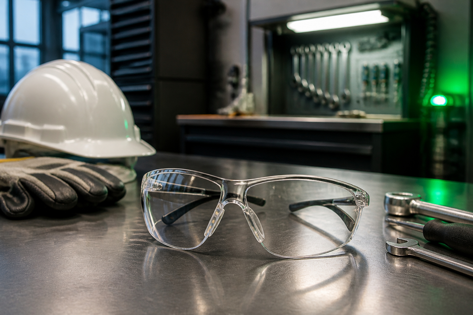 Mitarbeiter setzt Schutzbrille in der Werkstatt auf