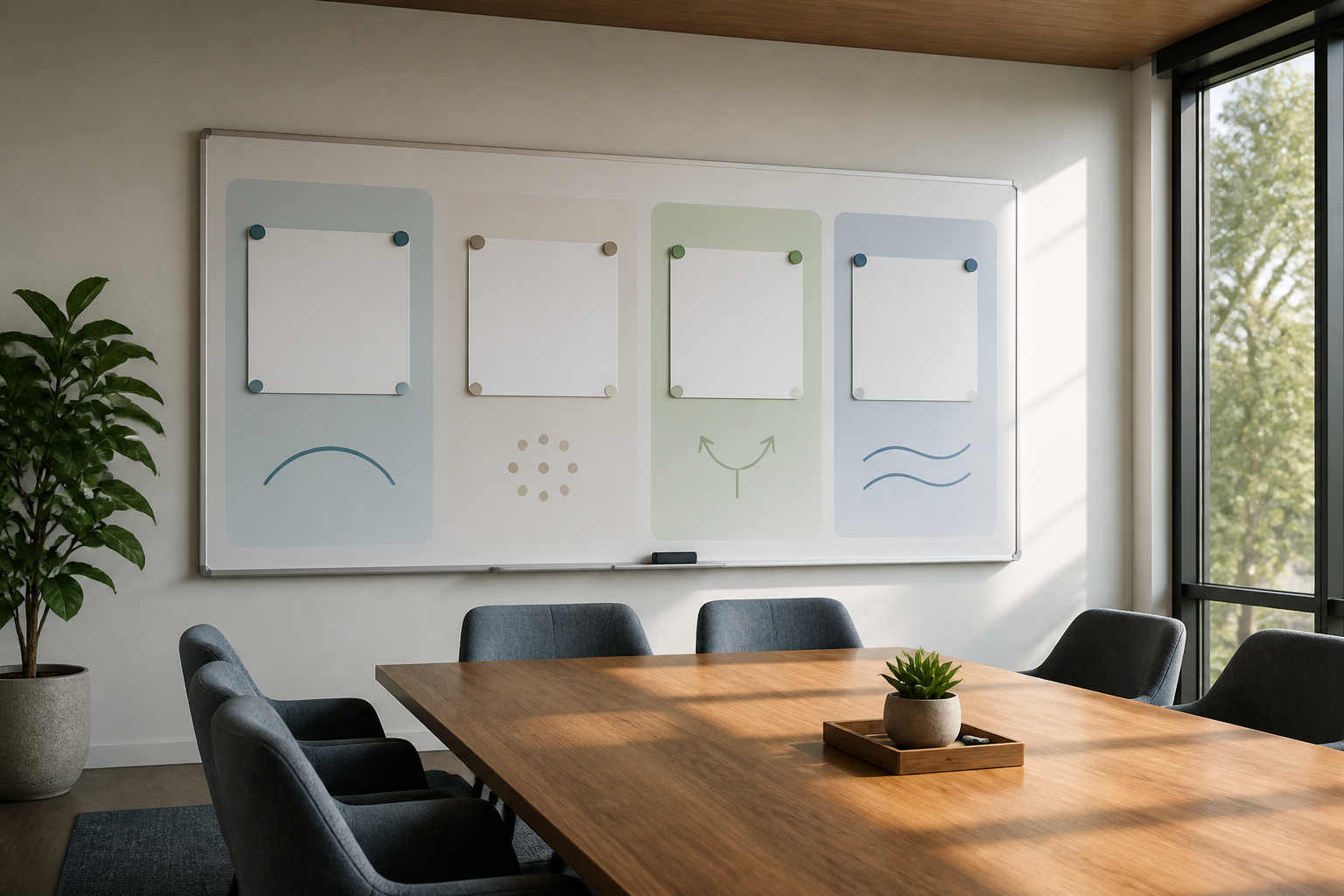 Teamarbeit an einem Whiteboard mit Unternehmenswerten