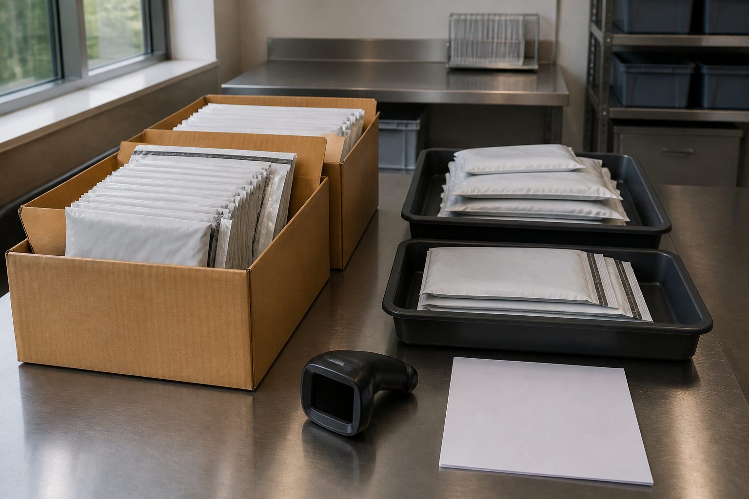 Professionelle Versandstation mit Sicherheitsbeuteln und Barcode-Scanner