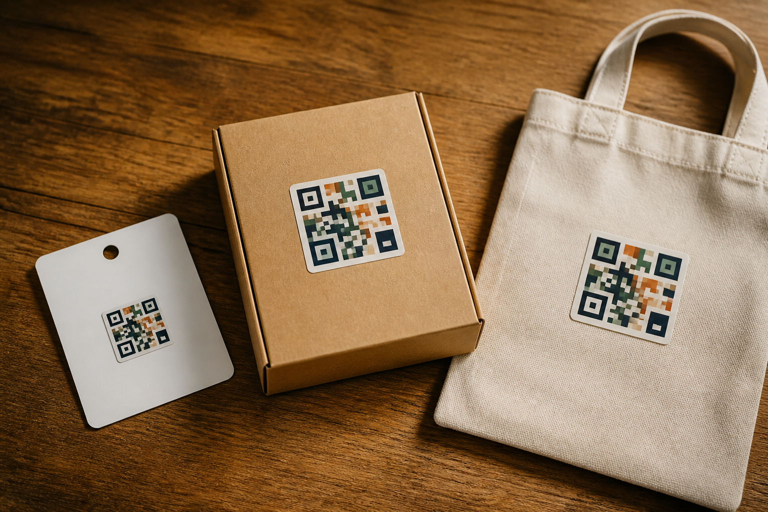 QR-Code-Aufkleber auf verschiedenen Werbemitteln und Verpackungen