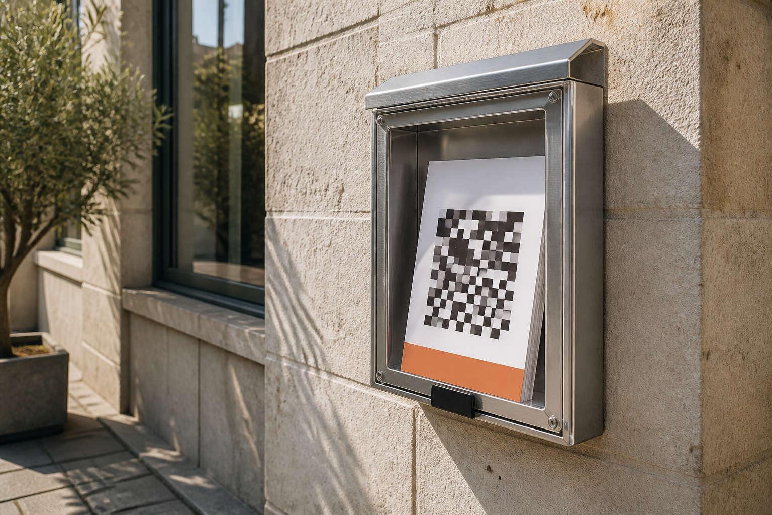 Wetterfeste Prospektbox mit QR-Code-Flyern vor einem Geschäft